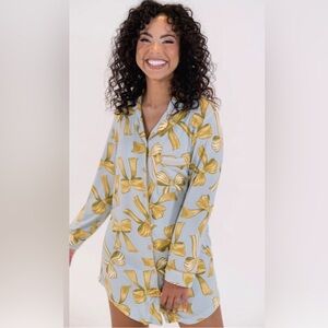 In My Sundays Light Blue Pajama Shirt with Gold Bow Print